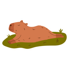 Cute capybara character. Funny rodent resting on grass. Hand drawn vector illustration.