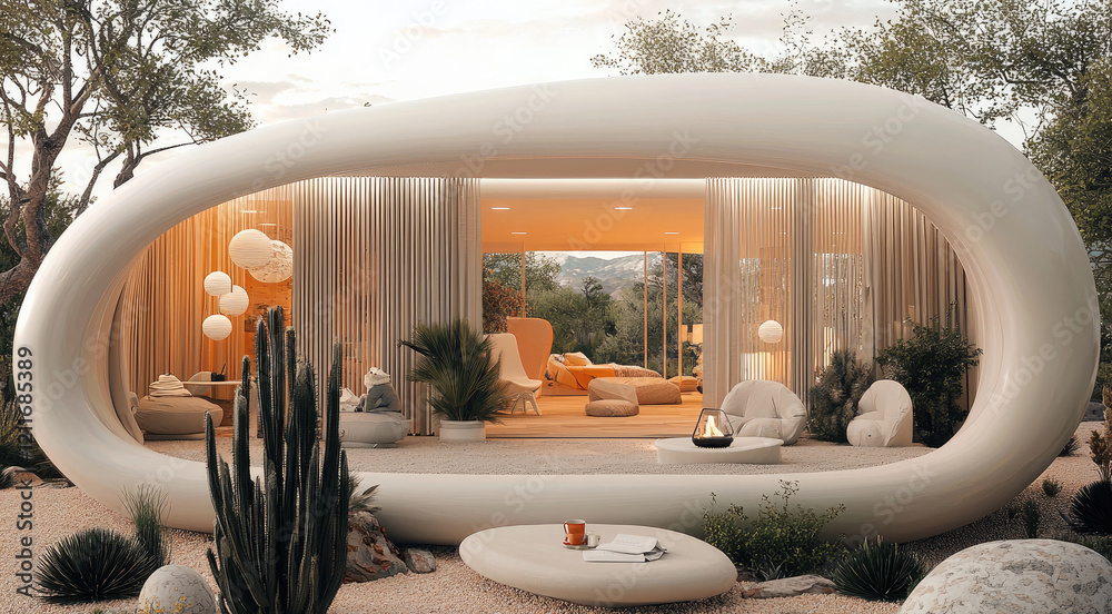 Poster pop-up business centre in a beige color, made with sand and white rocks. it is located on a desert a