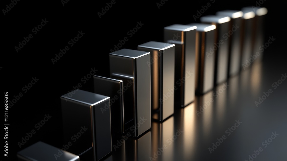 Aufkleber A D financial bar graph with metallic bars, representing revenue comparison between different companies, placed on a reflective surface with a sleek black background.
