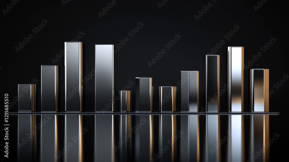 Aufkleber A D financial bar graph with metallic bars, representing revenue comparison between different companies, placed on a reflective surface with a sleek black background.