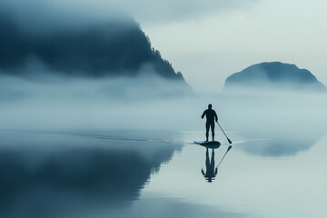 Paddleboarder Gliding Through the Misty Morning for Serene Water Adventures