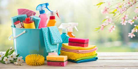 Fototapeta premium Cleaning supplies, colorful sponges, spray bottles, blue bucket, window sill, spring blossoms, soft focus background, bright sunlight, domestic chores, fresh start, spotless home, vibrant colors