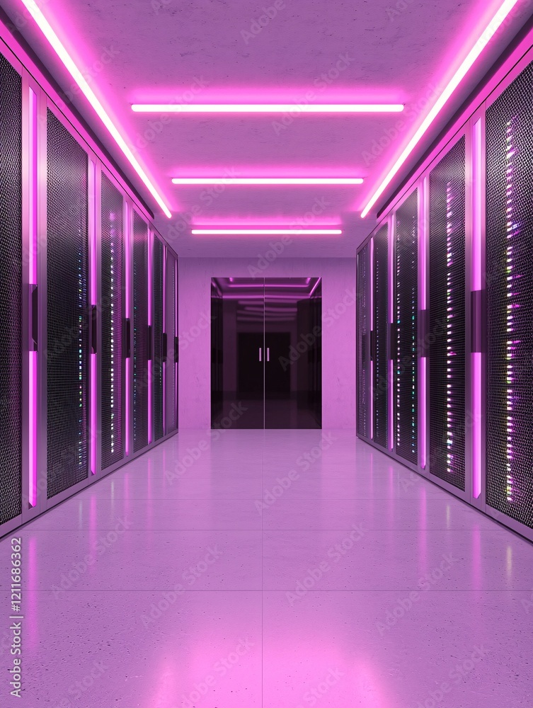 Poster a futuristic data center with dynamic neon lighting, emphasizing high-speed it retrieval systems