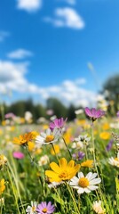 Obraz premium Colorful wildflowers meadow, sunny day. Nature background, spring, summer.