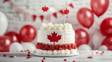 Festive celebration cake adorned with maple leaf decorations and vibrant balloons in a joyful atmosphere celebrating Canada Day