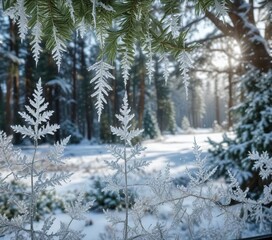 Frosty windowpane with intricate ice crystals and a blurred view of snow-covered evergreen trees, snowflakes, frosty windows
