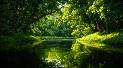 Fototapeta premium Tranquil Forest Scene with Reflections on Still Water Surface
