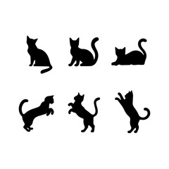 A collection of six black cat silhouettes in various poses, including sitting, stretching, leaping, and playing, displayed on White background.