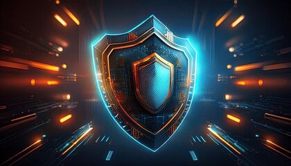 A futuristic shield glows with blue and orange lights, symbolizing protection and cybersecurity in a digital landscape.