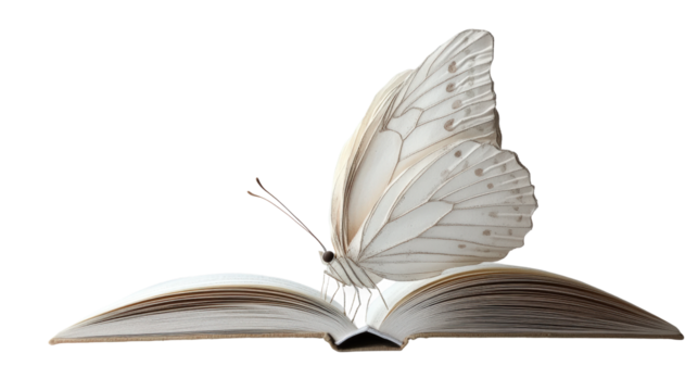 Butterfly perched on an open book in a serene display of nature and literature harmony isolated on transparent background
