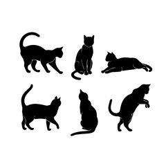 A collection of six black cat silhouettes in various poses, including sitting, stretching, leaping, and playing, displayed on White background.