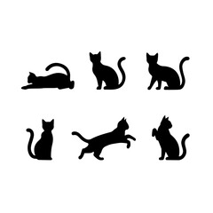 A collection of six black cat silhouettes in various poses, including sitting, stretching, leaping, and playing, displayed on White background.