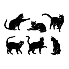 A collection of six black cat silhouettes in various poses, including sitting, stretching, leaping, and playing, displayed on White background.