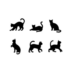 A collection of six black cat silhouettes in various poses, including sitting, stretching, leaping, and playing, displayed on White background.