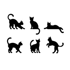 A collection of six black cat silhouettes in various poses, including sitting, stretching, leaping, and playing, displayed on White background.