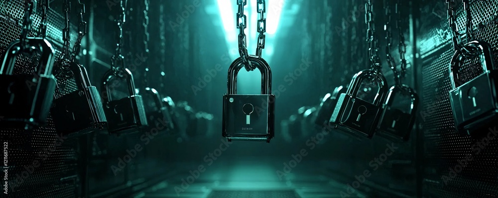 Poster a conceptual depiction of encrypted data locks hovering in a digital matrix, highlighting it securit