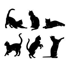 A collection of six black cat silhouettes in various poses, including sitting, stretching, leaping, and playing, displayed on White background.