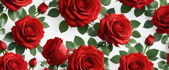 Seamless pattern of vibrant red roses on a white background, texture, bloom, wallpaper