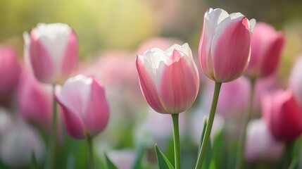 Fototapeta premium beautiful dreamy spring pink tulip flower bouquet against sunlight make enchanted vibes pastel gradient background 