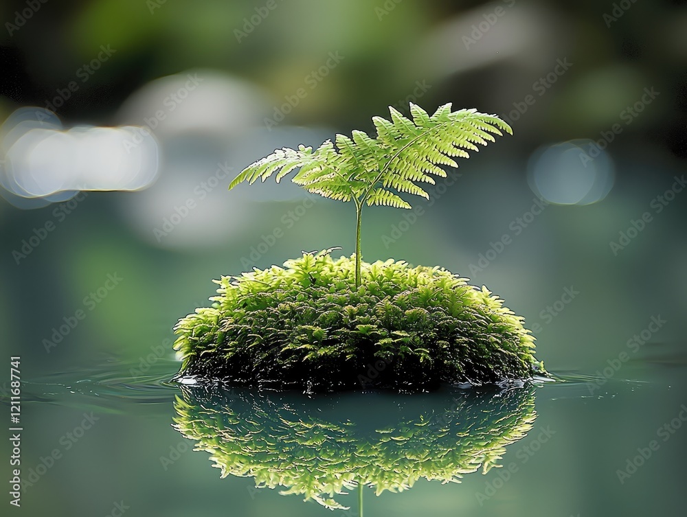 Poster a fern growing on top of moss-covered rocks in the depths of an ancient forest, with reflections shi
