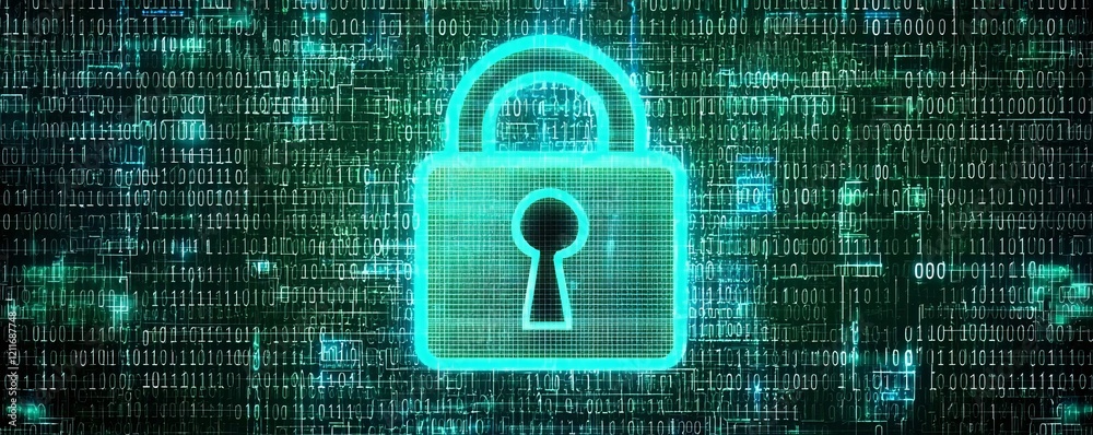 Poster a conceptual depiction of encrypted data locks hovering in a digital matrix, highlighting it securit