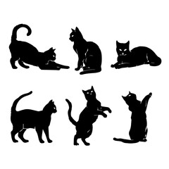 A collection of six black cat silhouettes in various poses, including sitting, stretching, leaping, and playing, displayed on White background.