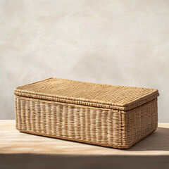 Sustainable Rattan Box with Pale Background and Gentle Lighting for Eco-Friendly Storage
