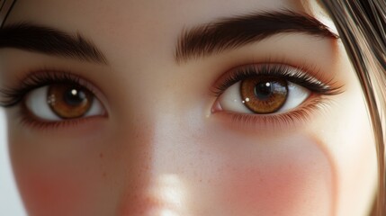 Fototapeta premium A beautiful pair of almond-shaped brown eyes, with long natural lashes, giving a calm and gentle expression, framed by flawless skin and soft light.