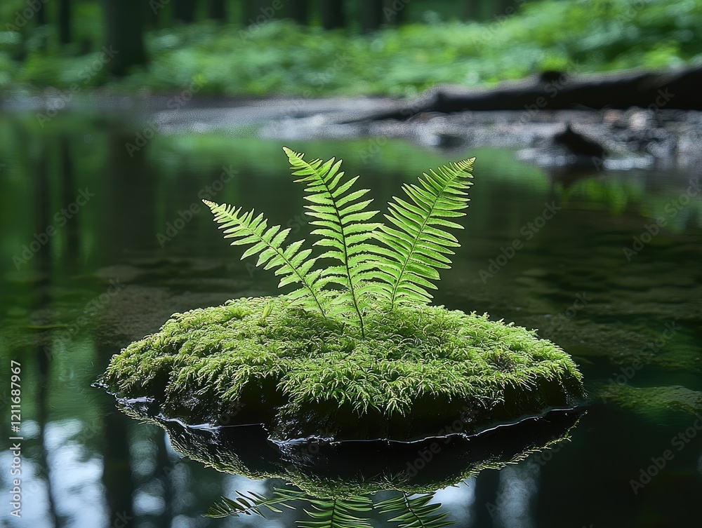 Poster a fern growing on top of moss-covered rocks in the depths of an ancient forest, with reflections shi