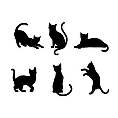 A collection of six black cat silhouettes in various poses, including sitting, stretching, leaping, and playing, displayed on White background.