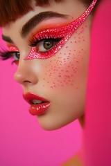 Extravagant Closeup Side Angle Portrait of a Fashionable Model with Vibrant Makeup and Glitter Accents