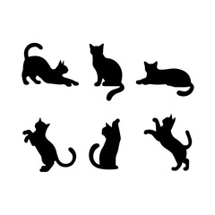 A collection of six black cat silhouettes in various poses, including sitting, stretching, leaping, and playing, displayed on White background.