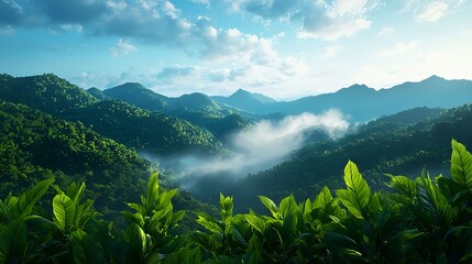 Fototapeta premium Serene Green Mountains with Lush Vegetation and Misty Horizon
