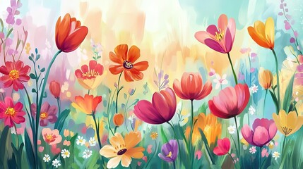 Obraz premium painting illustration cheerful springtime,flower field blossoming , minimalist design various type of lower blossoming 