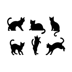 A collection of six black cat silhouettes in various poses, including sitting, stretching, leaping, and playing, displayed on White background.
