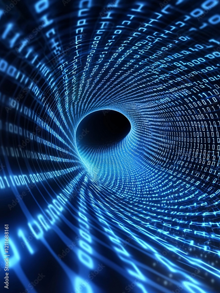 Poster a magnified view of binary code flowing across a digital landscape, symbolizing it data processing