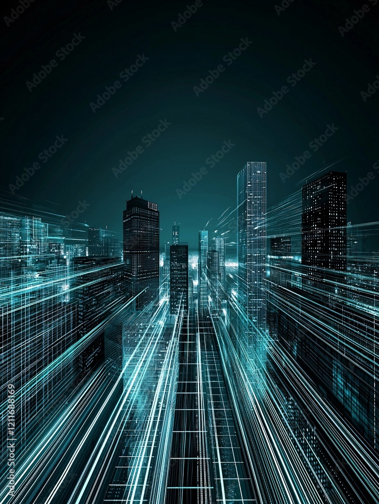 Poster a magnified view of binary code flowing across a digital landscape, symbolizing it data processing