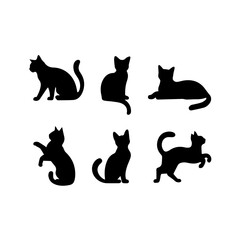 A collection of six black cat silhouettes in various poses, including sitting, stretching, leaping, and playing, displayed on White background.