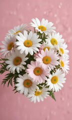 Fototapeta premium White daisy blooms in a beautifully arranged bouquet on pastel pink background, background, floral
