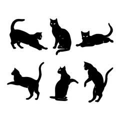 A collection of six black cat silhouettes in various poses, including sitting, stretching, leaping, and playing, displayed on White background.
