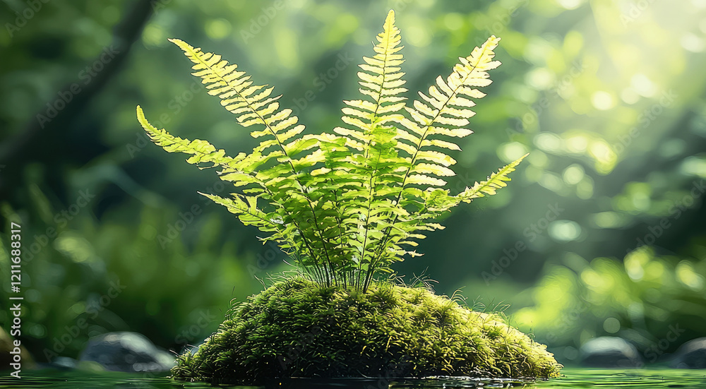 Poster a fern growing on top of moss-covered rocks in the depths of an ancient forest, with reflections shi