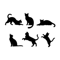 A collection of six black cat silhouettes in various poses, including sitting, stretching, leaping, and playing, displayed on White background.