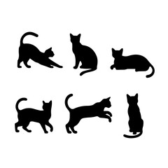 A collection of six black cat silhouettes in various poses, including sitting, stretching, leaping, and playing, displayed on White background.