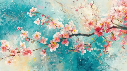 Fototapeten painting illustration cheerful springtime,flower field blossoming, pink cheery flower branch blossoming with brushstroke texture © QuietWord