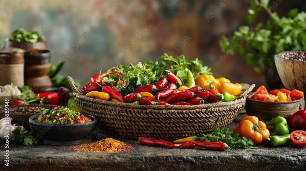 Poster a bright and colorful display of assorted chili peppers in a woven basket, alongside fresh herbs and