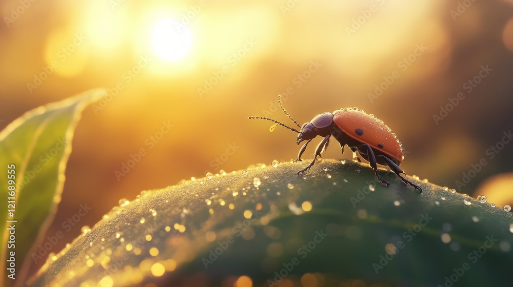 Poster a captivating image of a beetle climbing on a dewy leaf at dawn, with soft sunlight illuminating the