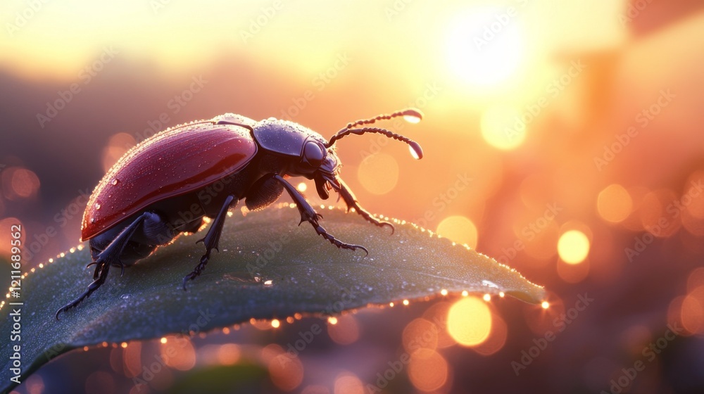 Poster a captivating image of a beetle climbing on a dewy leaf at dawn, with soft sunlight illuminating the