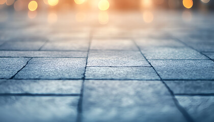 Close-Up of Wet Sidewalk After Rain with Blurred Lights

