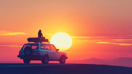 Fototapeta premium Sunset Serenity: A Woman Contemplates the Day's End from Her Rooftop Tent, as the Sun Dips Below the Horizon, Casting Golden Hues Across the Landscape
