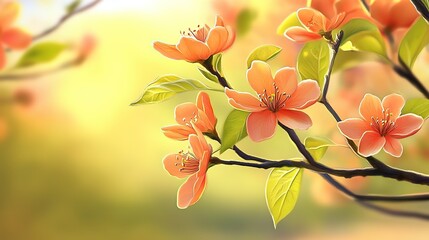 painting illustration cheerful springtime, orange flower tree blossoming 